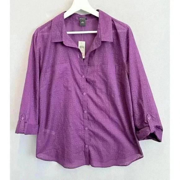 Ann Taylor Women's 16 Purple Floral Geometric Lightweight Sheer Button Up Shirt - Picture 1 of 8